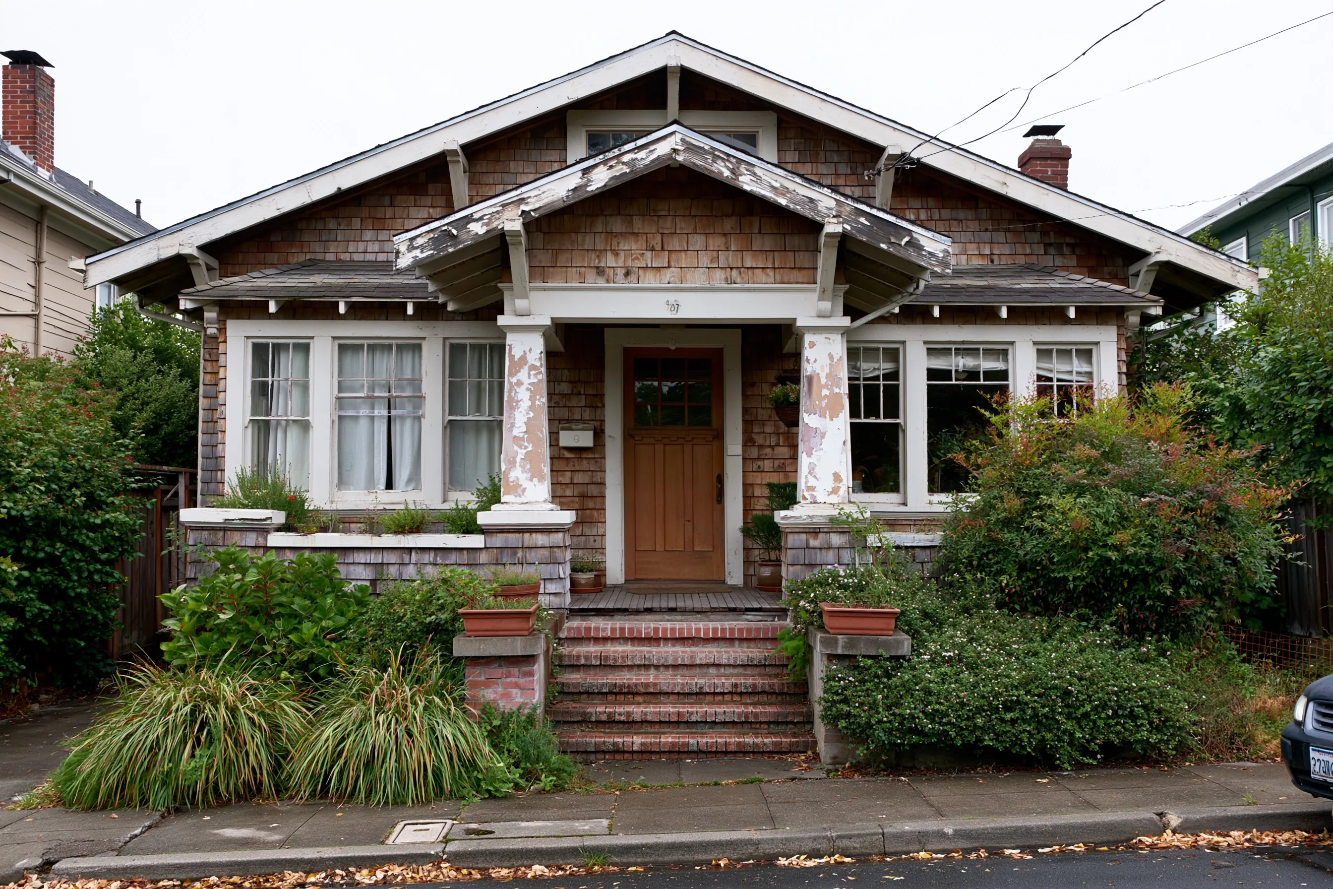 Craftsman bungalow with wood shingle siding and white-painted porch columns and trim showing worn paint, with a front garden