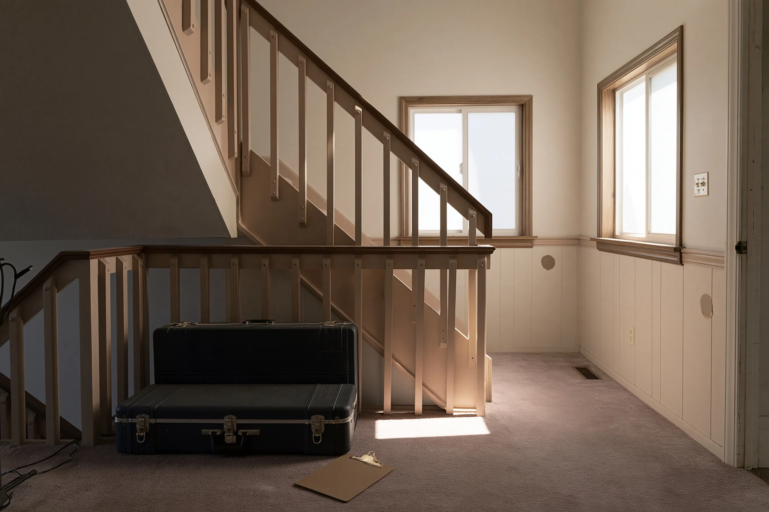 Stair landing with painted wood railings, paneled wainscot with two small sample marks, a closed hard case and a flat sheet of cardboard on the carpet
