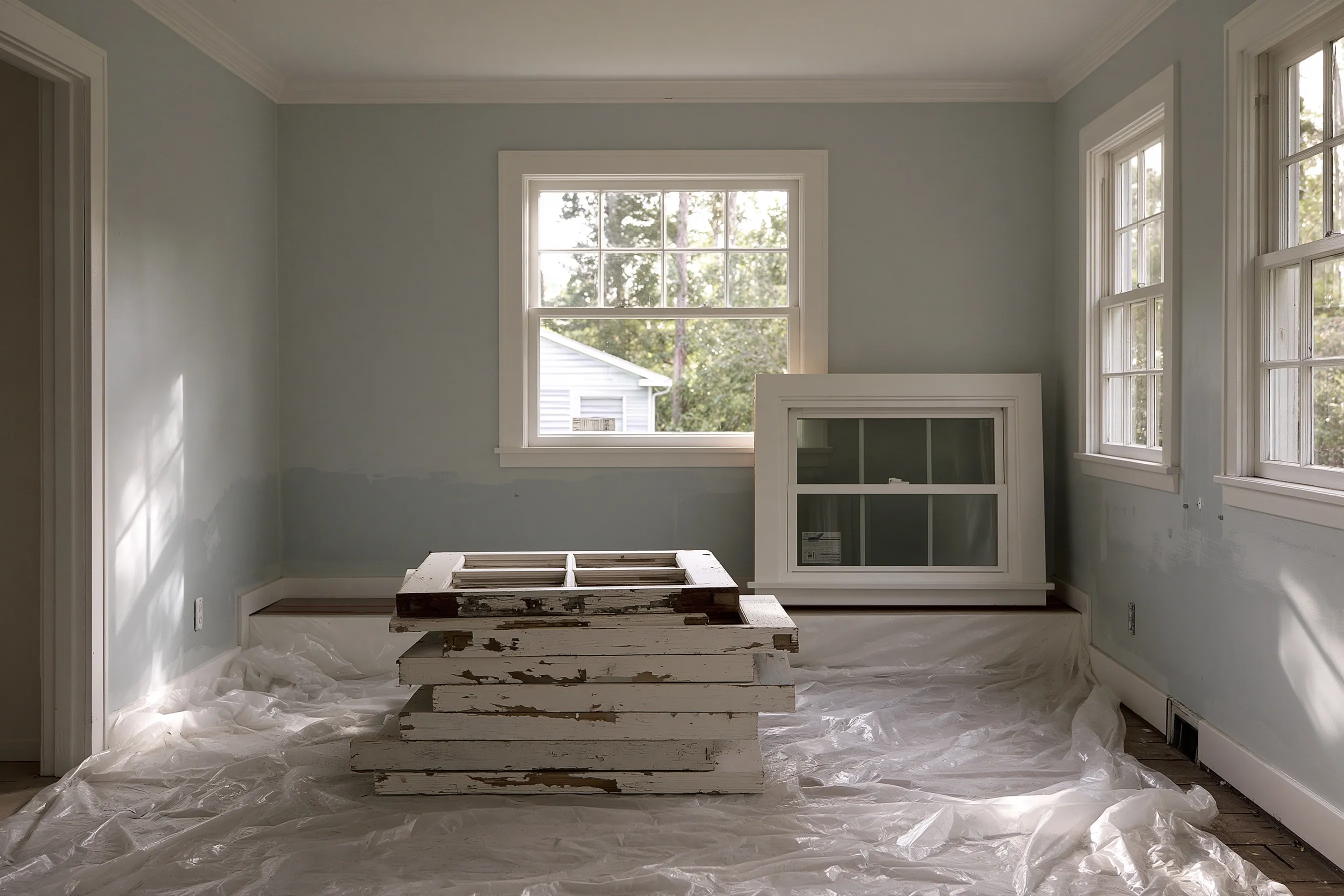 Room during window replacement with old paint-chipped wood sashes stacked on plastic sheeting and a new double-hung unit leaning below the opening