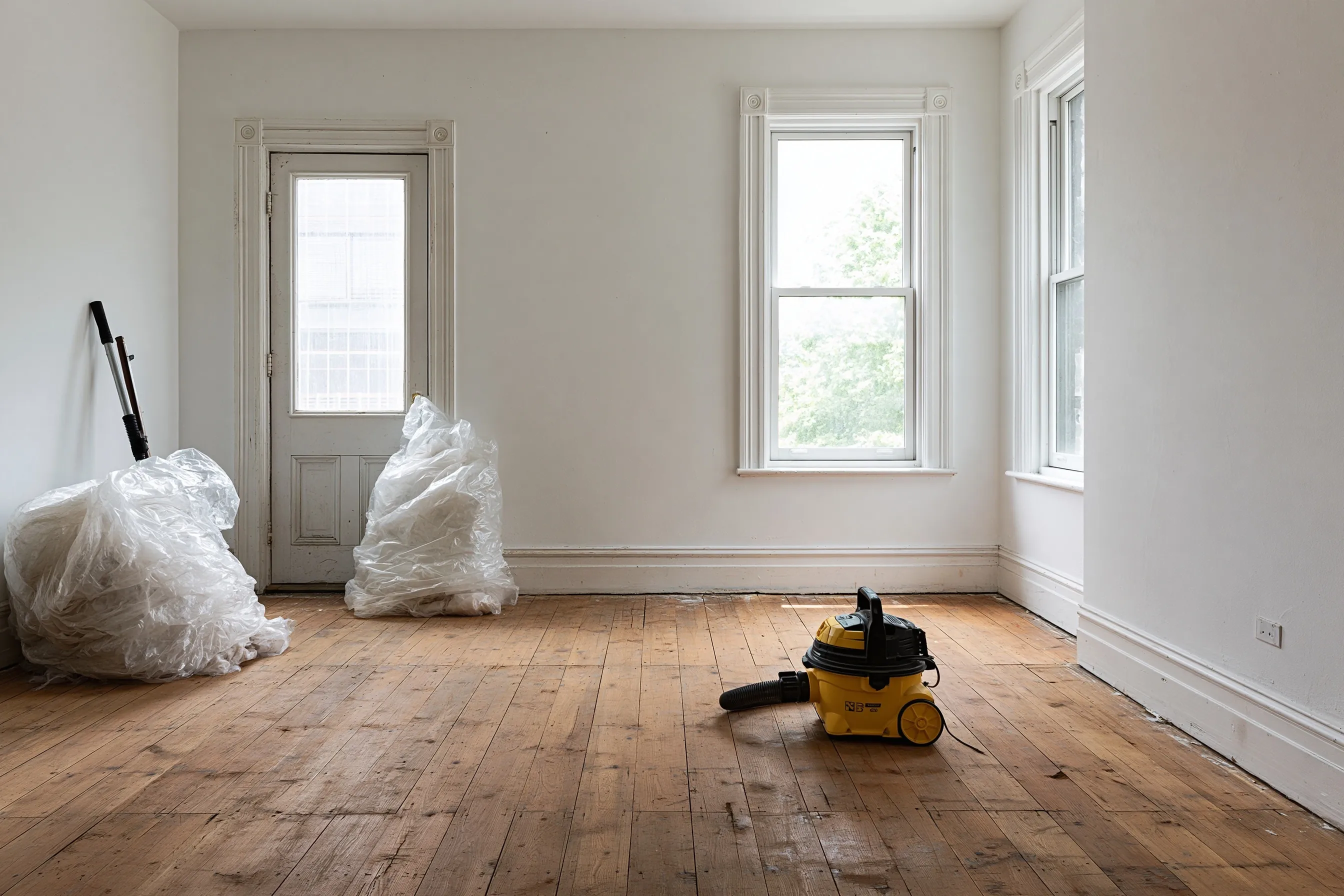 Clean empty room after renovation with bare wood floor, bagged plastic sheeting and a shop vacuum