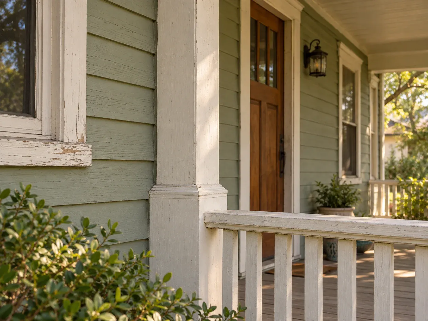 Painted wood siding, porch post and railing beside a front door