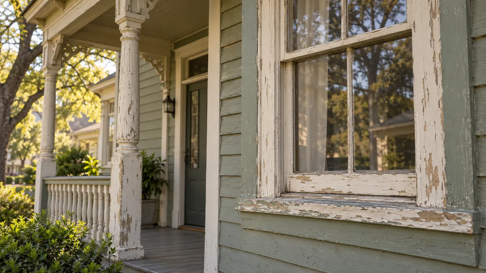 Older house porch with a worn painted post, railing and window sash showing chipped paint
