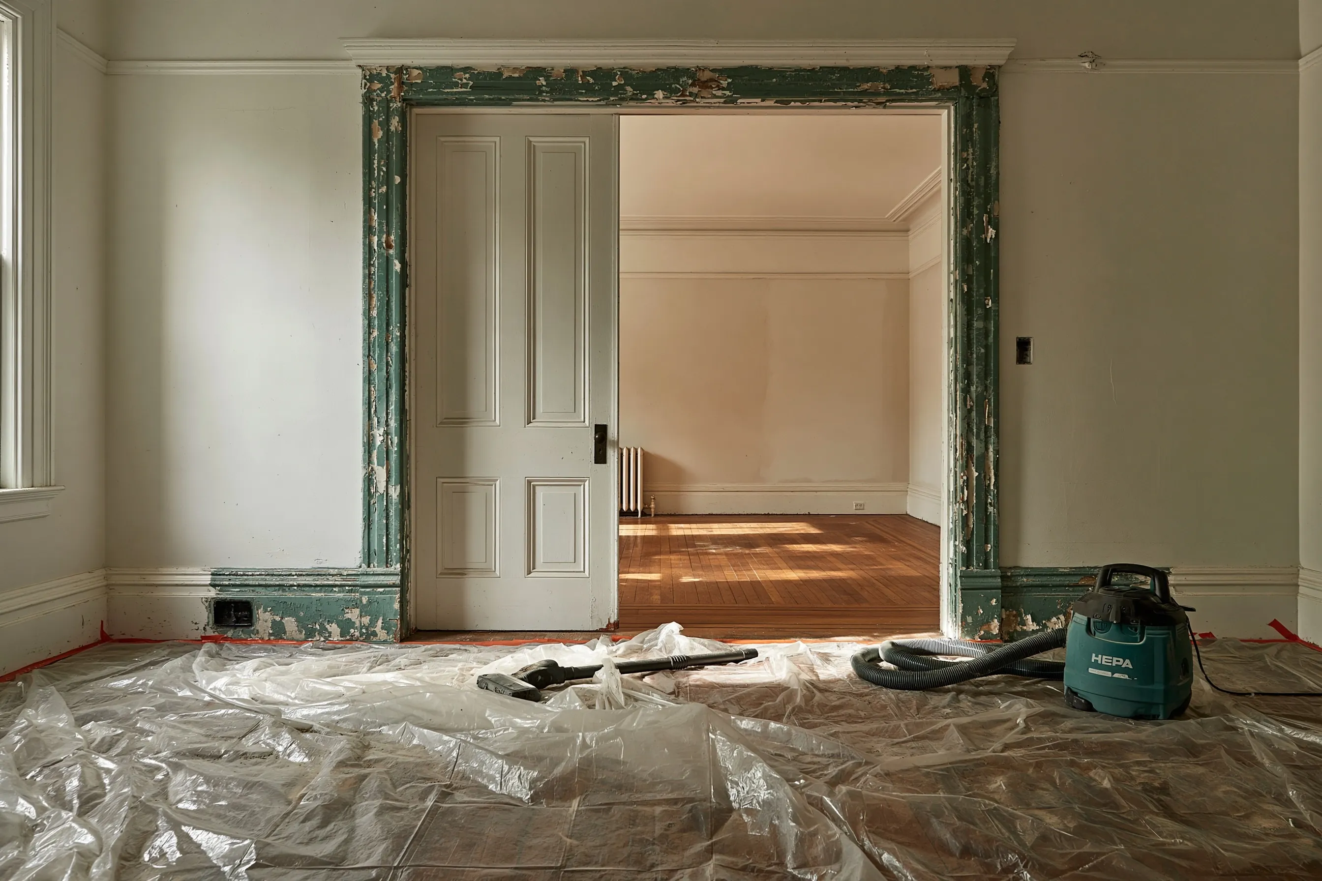 Interior door frame and baseboard with layered old paint, room prepared with plastic sheeting